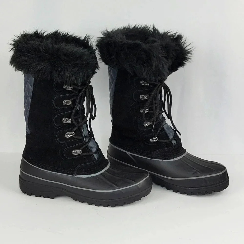 Khombu Nordic 2 Black Suede Quilted Lace Up Winter Duck Boots Size 8